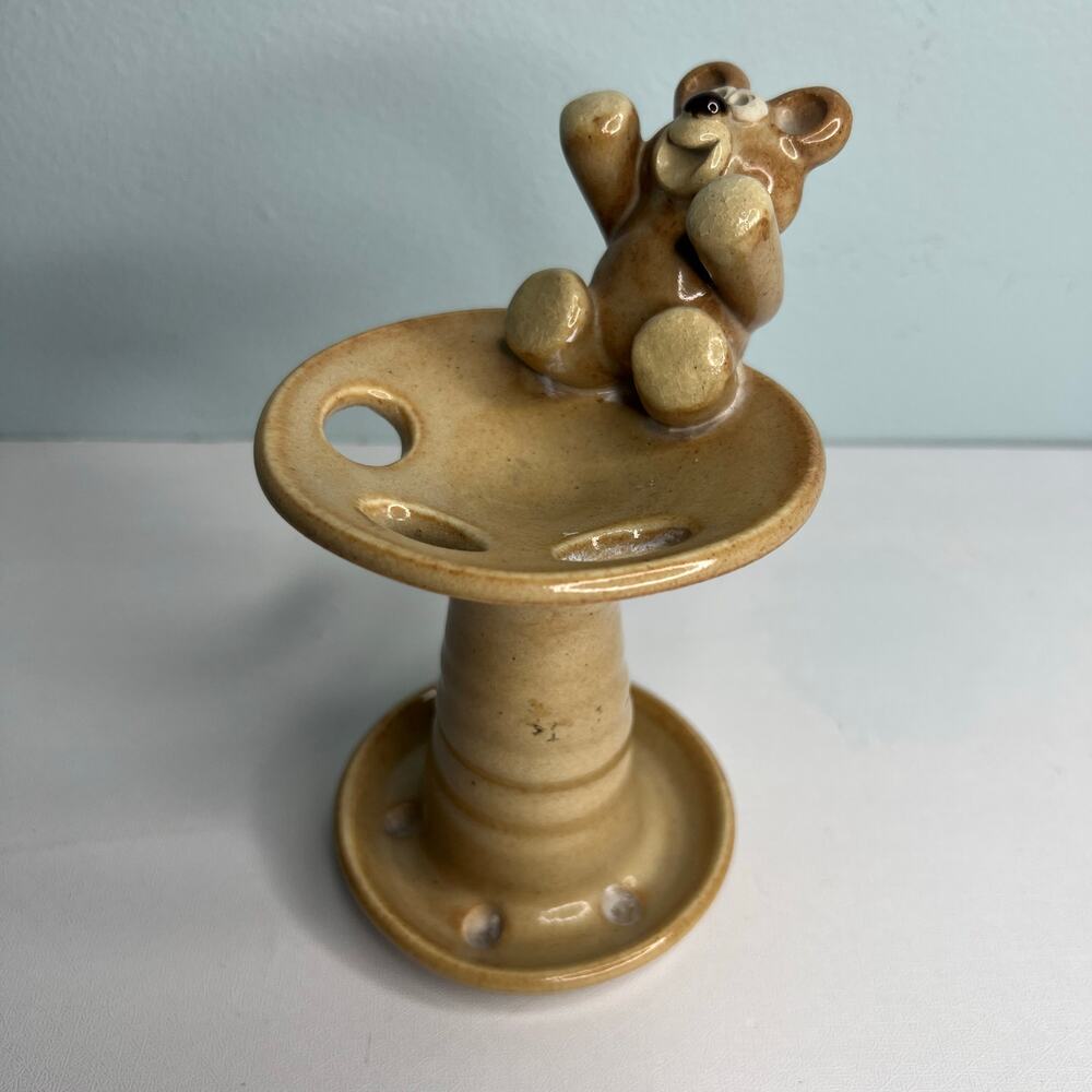 Vintage 70s John Nishio Toothbrush Holder Signed Studio Art Pottery Teddy Bear